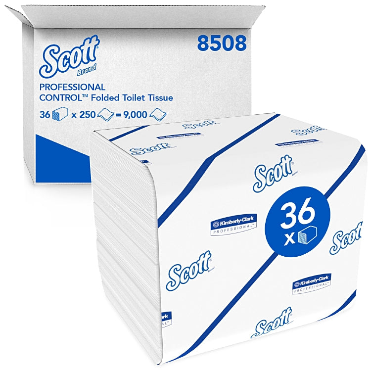 SCOTT Toilettenpapier weiss, 2-lagig, Karton à 36 Pack à 250 Blatt, Einzelblatt 18.6x11cm