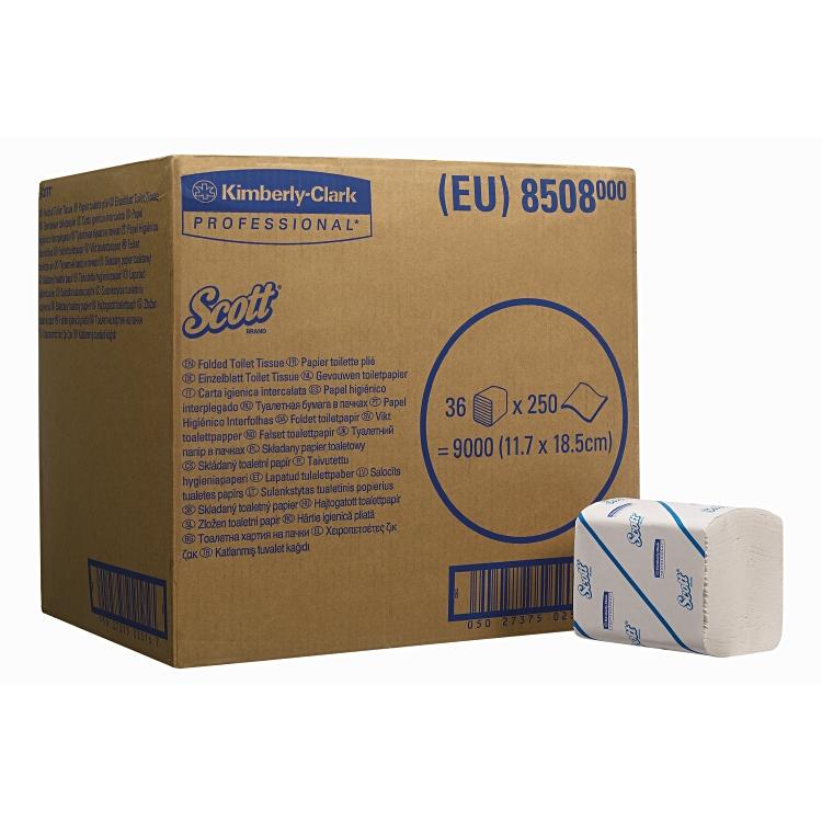 SCOTT Toilettenpapier weiss, 2-lagig, Karton à 36 Pack à 250 Blatt, Einzelblatt 18.6x11cm
